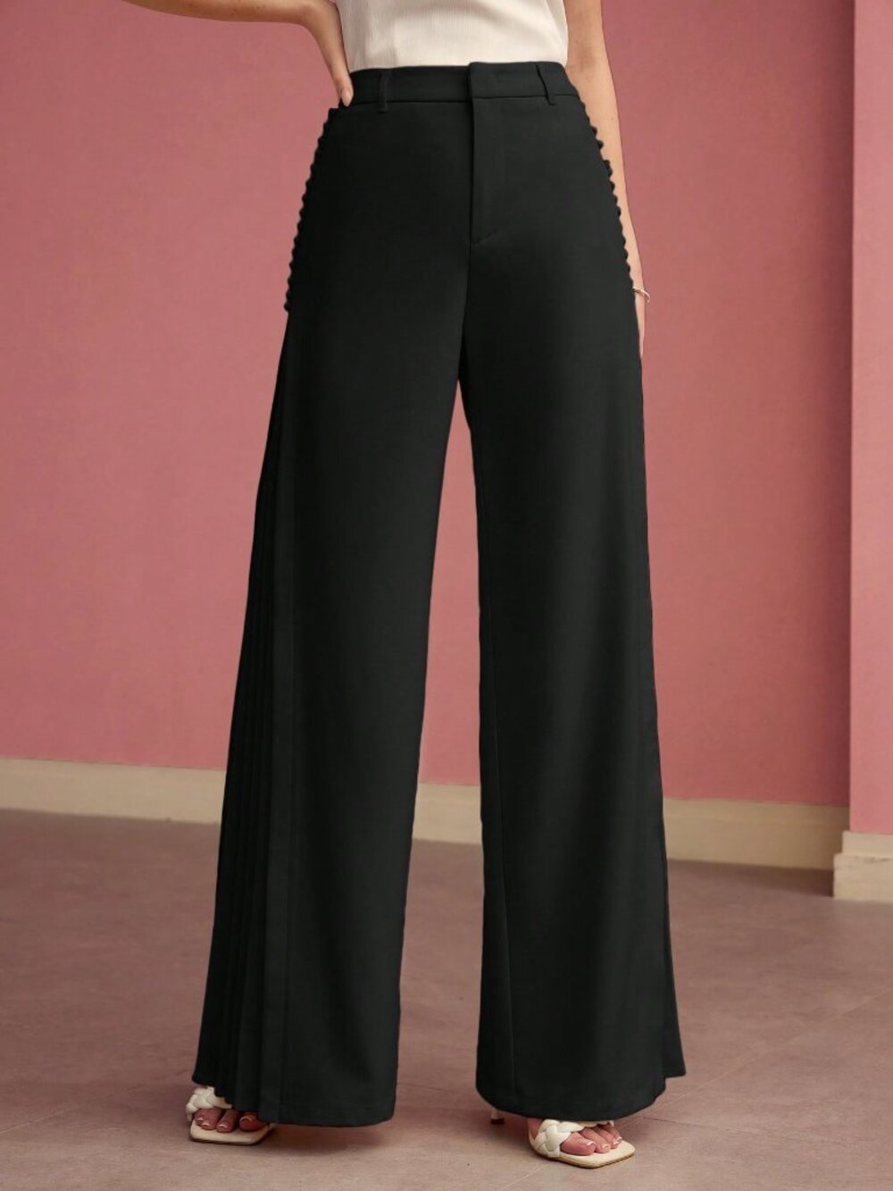 Black Elegant Women's Pleated Wide Leg Pants